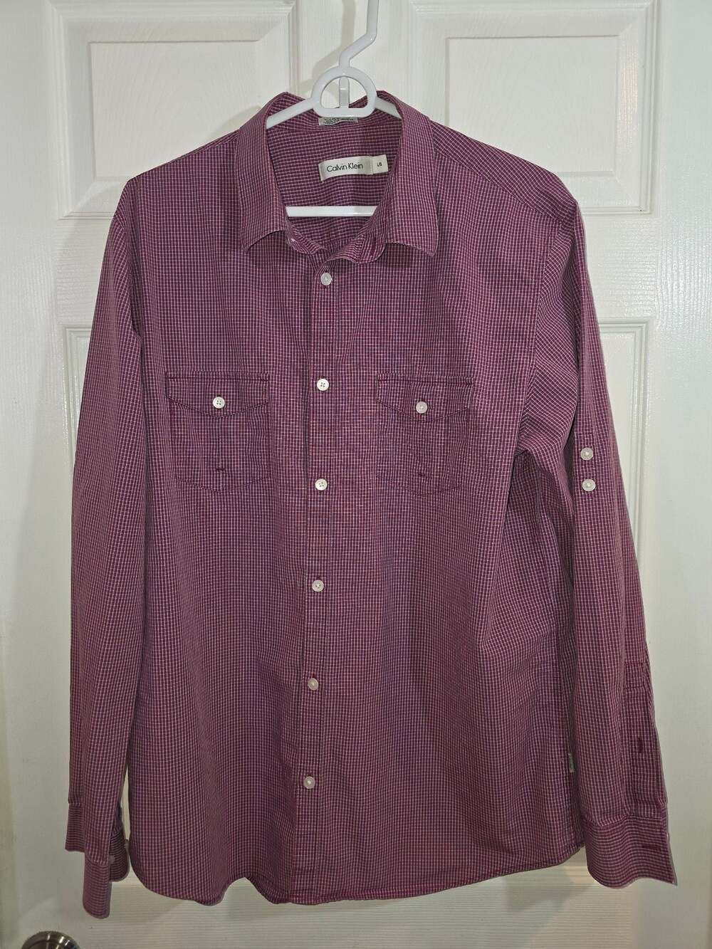 Calvin Klein Men's Red and White Check Long Sleeve Button-Up Shirt, Size Large